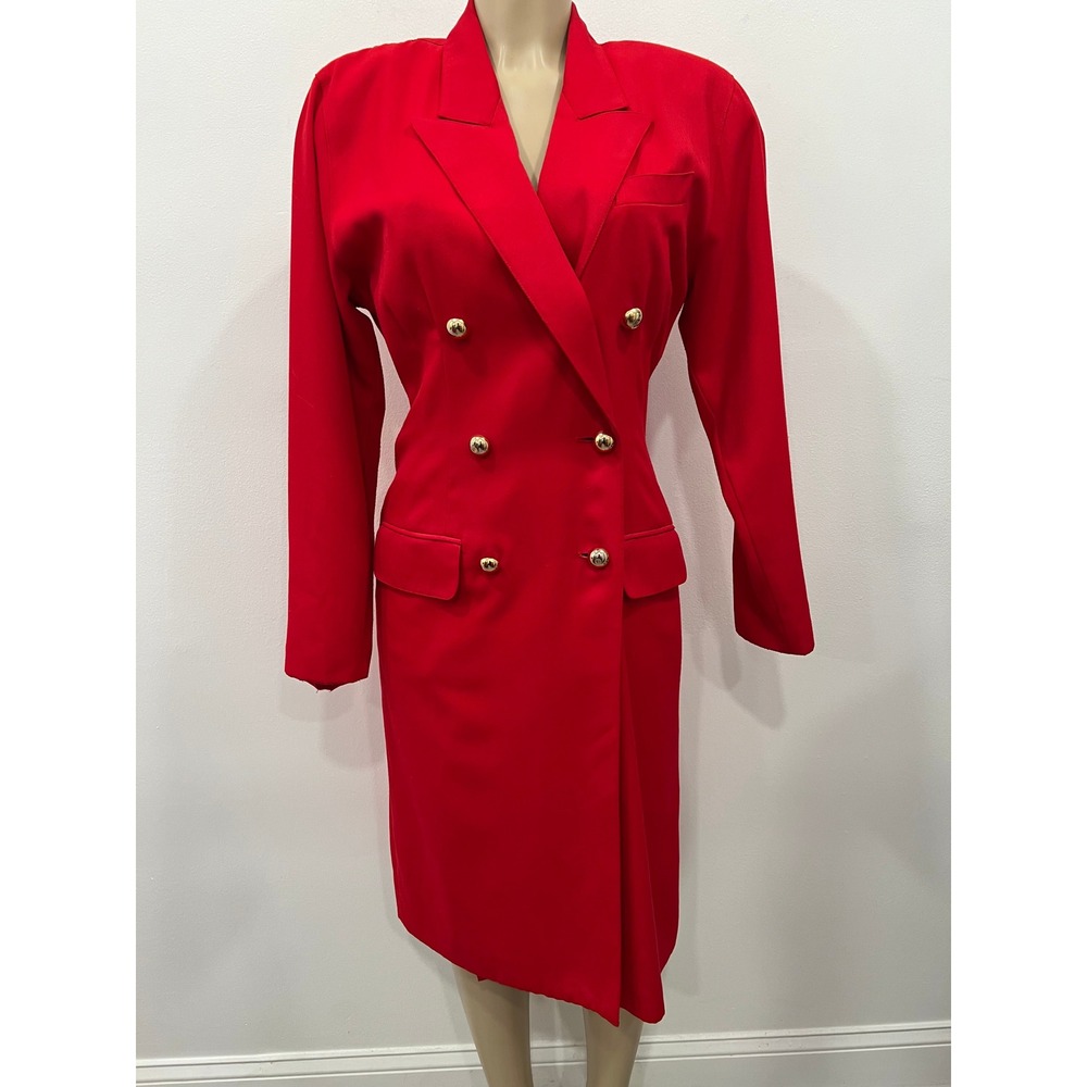 Vintage Kasper ASL Blazer Dress Womens SZ 10 Red Double Breasted Gold Buttons - Picture 4 of 15